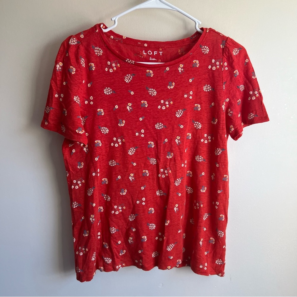 Loft 100% Linen Red Floral Short Sleeve Tee Blouse